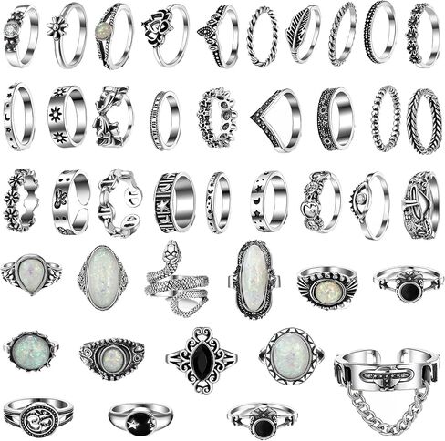 42 Pack Gothic Rings Set, Adjustable Silver Stackable Punk Knuckle Rings for Women Men, Cool Alt Emo Grunge Y2K Aesthetic Jewelry Gift in Saudi Arabia