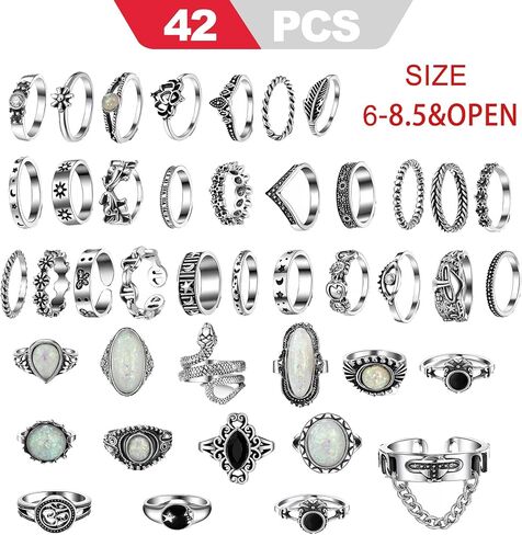 42 Pack Gothic Rings Set, Adjustable Silver Stackable Punk Knuckle Rings for Women Men, Cool Alt Emo Grunge Y2K Aesthetic Jewelry Gift in Saudi Arabia