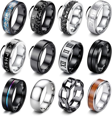 FIBO STEEL 12PCS Rings for Men Women Jewelry Gift, Stainless Steel Fidget Ring, Spinner Ring for Anxiety, Non Tarnish Mens Wedding Engagement Promise Band Set - Black/Silver, Comfort Fit Size 7-13 in Kuwait