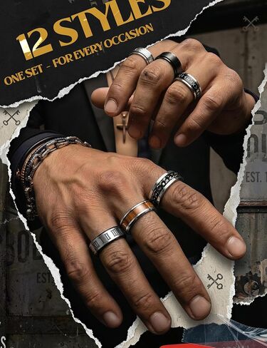 FIBO STEEL 12PCS Rings for Men Women Jewelry Gift, Stainless Steel Fidget Ring, Spinner Ring for Anxiety, Non Tarnish Mens Wedding Engagement Promise Band Set - Black/Silver, Comfort Fit Size 7-13 in Kuwait