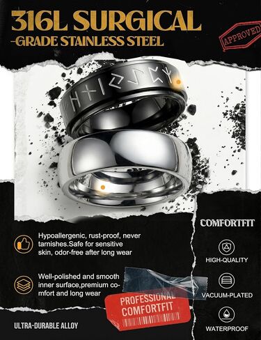 FIBO STEEL 12PCS Rings for Men Women Jewelry Gift, Stainless Steel Fidget Ring, Spinner Ring for Anxiety, Non Tarnish Mens Wedding Engagement Promise Band Set - Black/Silver, Comfort Fit Size 7-13 in Kuwait