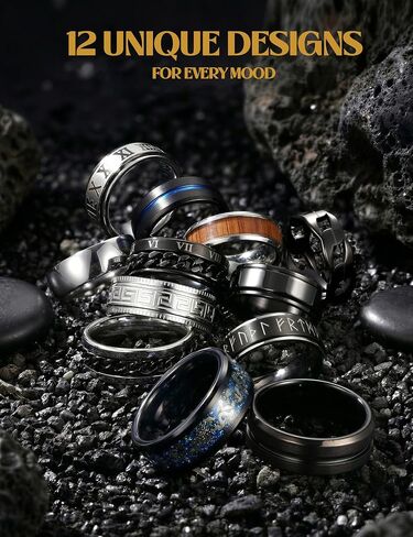 FIBO STEEL 12PCS Rings for Men Women Jewelry Gift, Stainless Steel Fidget Ring, Spinner Ring for Anxiety, Non Tarnish Mens Wedding Engagement Promise Band Set - Black/Silver, Comfort Fit Size 7-13 in Kuwait