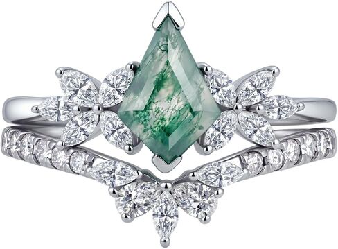 1.7 Carats Natural Moss Agate Bridal Sets Sterling Silver Kite Cut Wedding Ring Set for Women, 18K White Gold Platinum Plated Moss Agate Moissanite Engagement Ring Sets Gift for Anniversary Birthday in Saudi Arabia