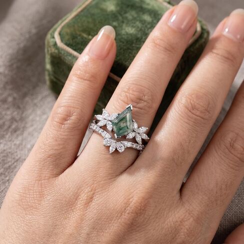 1.7 Carats Natural Moss Agate Bridal Sets Sterling Silver Kite Cut Wedding Ring Set for Women, 18K White Gold Platinum Plated Moss Agate Moissanite Engagement Ring Sets Gift for Anniversary Birthday in Saudi Arabia