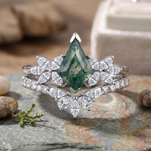 1.7 Carats Natural Moss Agate Bridal Sets Sterling Silver Kite Cut Wedding Ring Set for Women, 18K White Gold Platinum Plated Moss Agate Moissanite Engagement Ring Sets Gift for Anniversary Birthday in Saudi Arabia