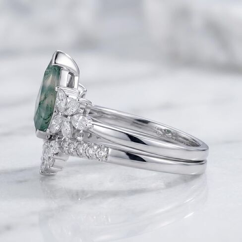 1.7 Carats Natural Moss Agate Bridal Sets Sterling Silver Kite Cut Wedding Ring Set for Women, 18K White Gold Platinum Plated Moss Agate Moissanite Engagement Ring Sets Gift for Anniversary Birthday in Saudi Arabia