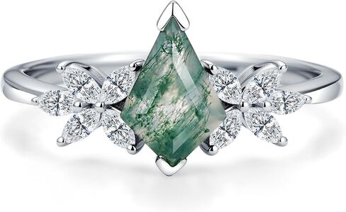 1.7 Carats Natural Moss Agate Bridal Sets Sterling Silver Kite Cut Wedding Ring Set for Women, 18K White Gold Platinum Plated Moss Agate Moissanite Engagement Ring Sets Gift for Anniversary Birthday in Saudi Arabia