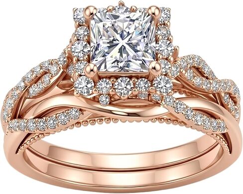 Princess Cut Halo Wedding Rings Sets, 18K Rose Gold Platinum Plated 1-3/5 Carats Moissanite Bridal Ring Sets S925 Infinity Engagement Ring Sets for Women Her Gift for Anniversary Wedding in Saudi Arabia