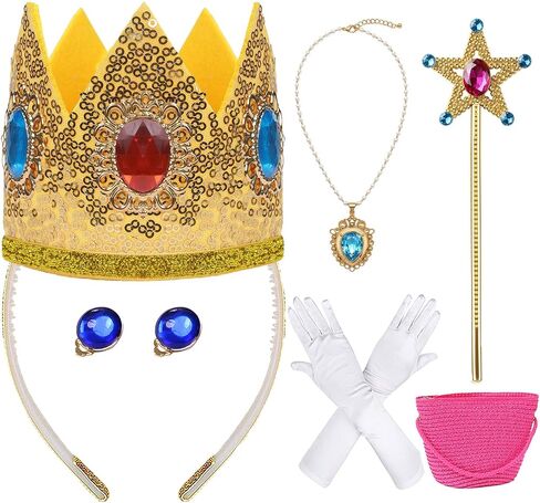 ZIW Princess Accessories Set Kids, 6 Piece Royal Fairytale Peach Costume Accessories for Girls Halloween Party Cosplay Classic Video Game Inspired Crown Wand Gloves Necklace Earrings Handbag in Saudi Arabia