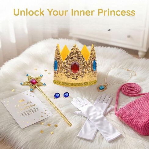 ZIW Princess Accessories Set Kids, 6 Piece Royal Fairytale Peach Costume Accessories for Girls Halloween Party Cosplay Classic Video Game Inspired Crown Wand Gloves Necklace Earrings Handbag in Saudi Arabia