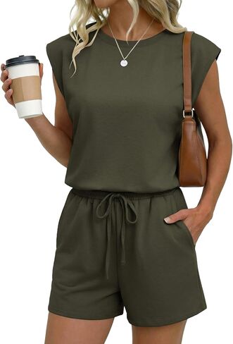 Ekouaer Women's Romper with Pockets Summer Short Jumpsuit Casual Cap Sleeve Drawstring One Piece Lounge Vacation Beach Outfit in Kuwait