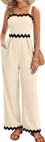 AGERWAY Womens Summer Jumpsuits Dressy Rickrack Trim Square Neck Casual One Piece Sleeveless Wide Leg Long Pant Rompers in Kuwait