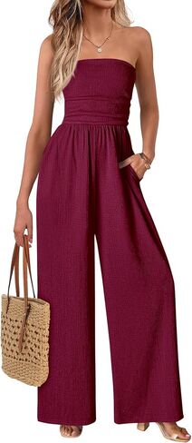 MASCOMODA One Piece Jumpsuits for Women Strapless Smocked Casual Rompers Long Pants with Pockets Vacation Summer Outfits in Kuwait