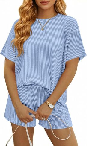 Ekouaer Rompers for Women 2026 Short Sleeve Ribbed Casual Loose Shorts Jumpsuits Pocket Beach Vacation Outfits in Kuwait