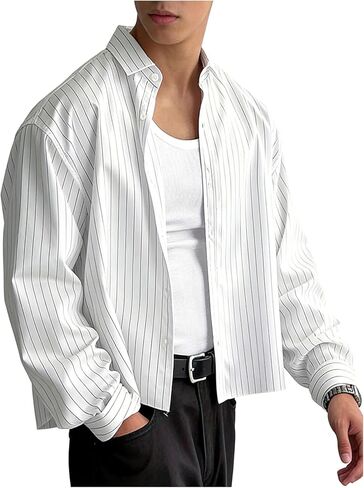 GORGLITTER Men's Long Sleeve Cropped Button Up Shirts Striped Oversized Boxy Button Down Casual Shirt Streetwear in Saudi Arabia