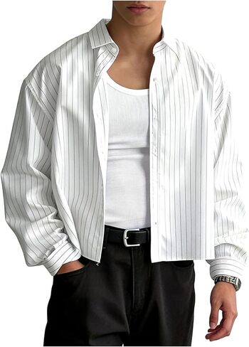 GORGLITTER Men's Long Sleeve Cropped Button Up Shirts Striped Oversized Boxy Button Down Casual Shirt Streetwear in Saudi Arabia