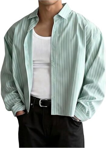 GORGLITTER Men's Long Sleeve Cropped Button Up Shirts Striped Oversized Boxy Button Down Casual Shirt Streetwear in Kuwait
