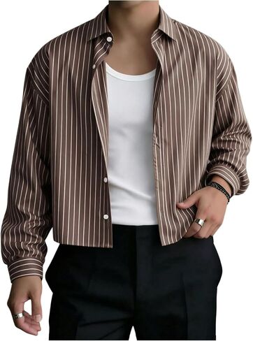 GORGLITTER Men's Long Sleeve Cropped Button Up Shirts Striped Oversized Boxy Button Down Casual Shirt Streetwear in Saudi Arabia