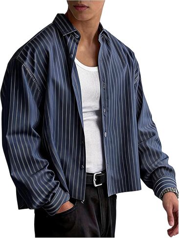 GORGLITTER Men's Long Sleeve Cropped Button Up Shirts Striped Oversized Boxy Button Down Casual Shirt Streetwear in Saudi Arabia