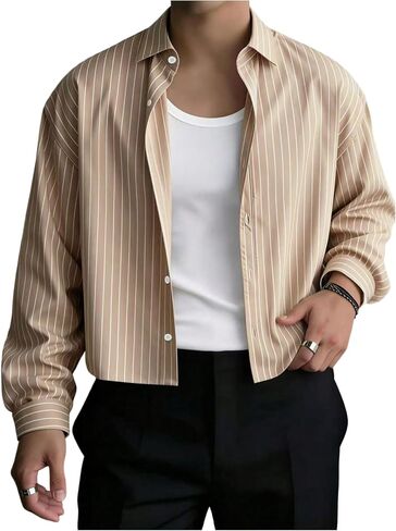 GORGLITTER Men's Long Sleeve Cropped Button Up Shirts Striped Oversized Boxy Button Down Casual Shirt Streetwear in Saudi Arabia