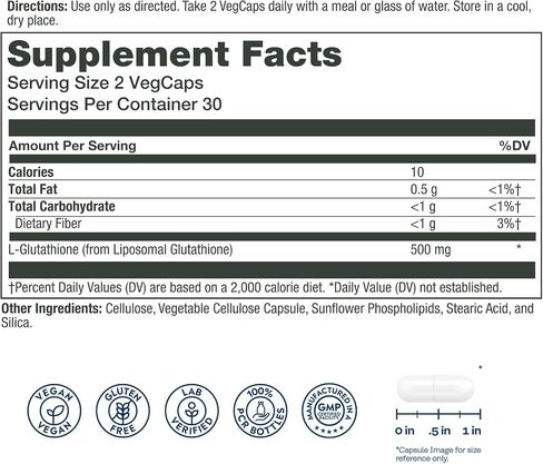 SOLARAY Liposomal Glutathione 500 mg - مكمل مضاد للأكسدة ودعم المناعة - إزالة السموم ودعم الكبد - مكمل الجلوتاثيون الشحمي - نباتي وخالي من الغلوتين - 30 وجبة، 60 كبسولة نباتية in Kuwait