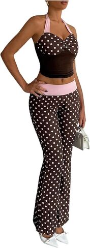 Floerns Women's Polka Dots Workout Sets Colorblock Halter Tops and Pants Matching Sets in Kuwait