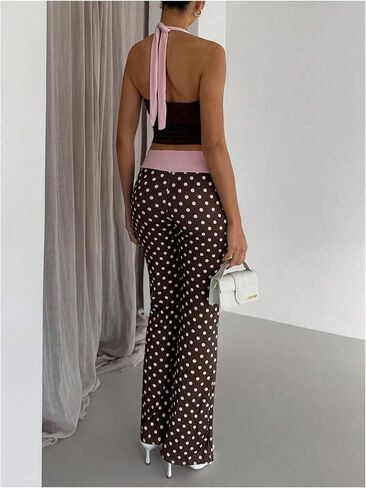 Floerns Women's Polka Dots Workout Sets Colorblock Halter Tops and Pants Matching Sets in Kuwait