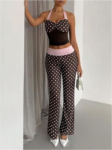 Floerns Women's Polka Dots Workout Sets Colorblock Halter Tops and Pants Matching Sets in Kuwait