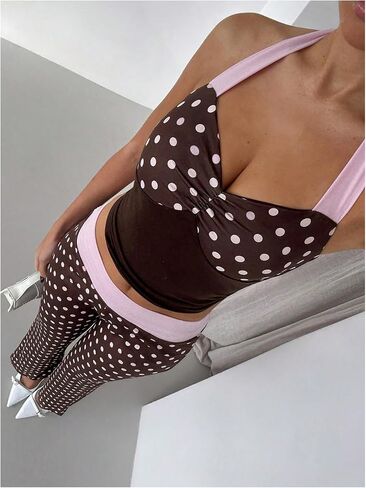 Floerns Women's Polka Dots Workout Sets Colorblock Halter Tops and Pants Matching Sets in Kuwait