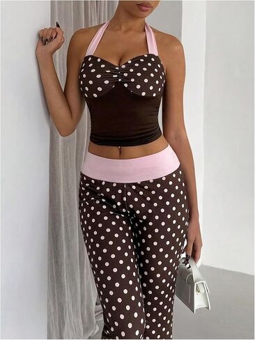 Floerns Women's Polka Dots Workout Sets Colorblock Halter Tops and Pants Matching Sets in Kuwait
