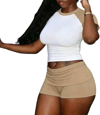 Yeshire Womens Two Piece Outfits Crew Neck T-Shirt High Waist Solid Color Shirt Shorts Jogger Bodycon Sets in Kuwait