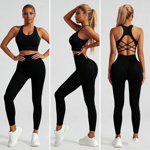 Women's 2 Piece Workout Set Seamless Crisscross Back Sport Bra and High Waist Butt Lifting Leggings Quick-Dry Yoga Activewear in Kuwait