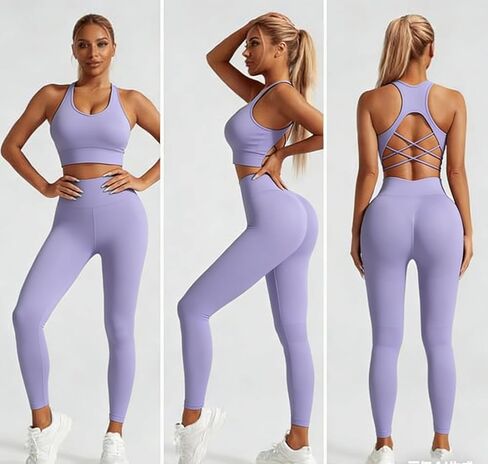 Women's 2 Piece Workout Set Seamless Crisscross Back Sport Bra and High Waist Butt Lifting Leggings Quick-Dry Yoga Activewear in Kuwait
