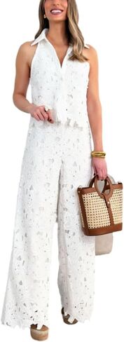 Wuitrie Women Eyelet 2 Piece Outfits Sleeveless Lapel Neck Tank Tops High Waisted Wide Leg Pants Sets Women's Travel Outfits in Saudi Arabia