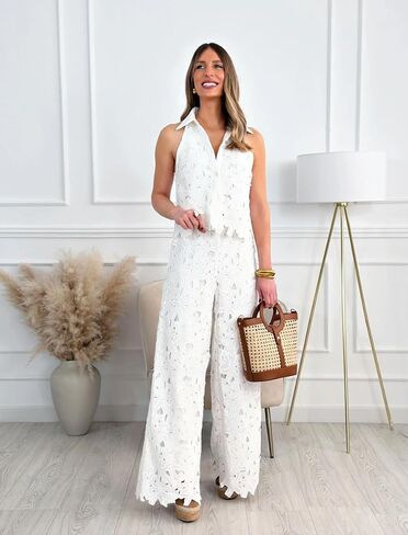 Wuitrie Women Eyelet 2 Piece Outfits Sleeveless Lapel Neck Tank Tops High Waisted Wide Leg Pants Sets Women's Travel Outfits in Saudi Arabia