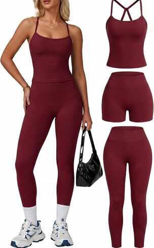 Coume 3 Piece Women Workout Sets Butt Lifting Leggings with Padded Workout Tank Tops Booty Lifting Shorts Gym Yoga Activewear in Kuwait