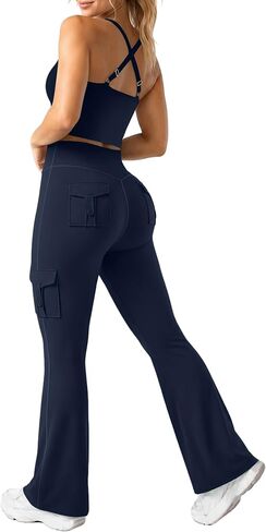 UOUA Women's 2 Piece Workout Sets Cami Racerback Tank Cargo Flare Leggings with Pockets Gym Yoga Outfits in Kuwait