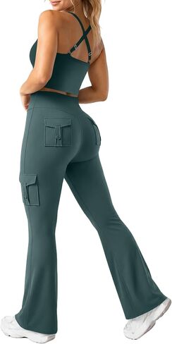 UOUA Women's 2 Piece Workout Sets Cami Racerback Tank Cargo Flare Leggings with Pockets Gym Yoga Outfits in Kuwait