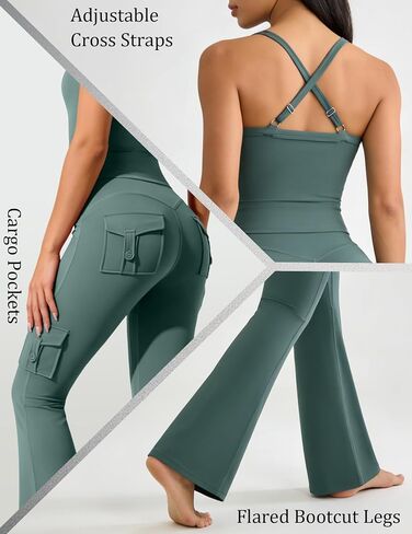 UOUA Women's 2 Piece Workout Sets Cami Racerback Tank Cargo Flare Leggings with Pockets Gym Yoga Outfits in Kuwait
