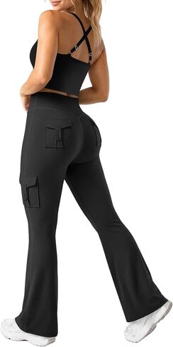 UOUA Women's 2 Piece Workout Sets Cami Racerback Tank Cargo Flare Leggings with Pockets Gym Yoga Outfits in Kuwait