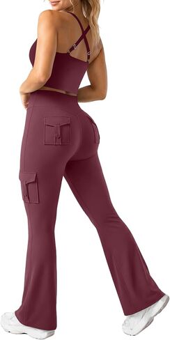 UOUA Women's 2 Piece Workout Sets Cami Racerback Tank Cargo Flare Leggings with Pockets Gym Yoga Outfits in Kuwait