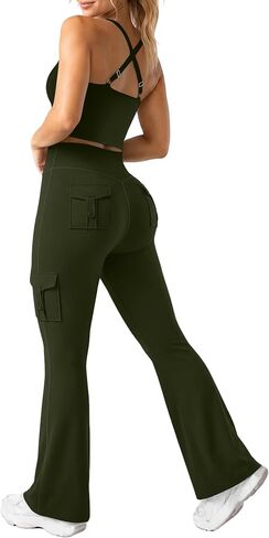 UOUA Women's 2 Piece Workout Sets Cami Racerback Tank Cargo Flare Leggings with Pockets Gym Yoga Outfits in Kuwait