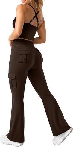UOUA Women's 2 Piece Workout Sets Cami Racerback Tank Cargo Flare Leggings with Pockets Gym Yoga Outfits in Kuwait