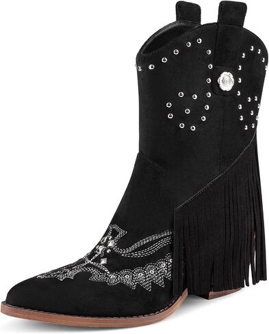 LOCERICH Cowboy Boots for Women, Cowgirl Shoes with Tassel Cowgirl Boots with Fringe Pointed Toe Western Chunky Heel in Saudi Arabia
