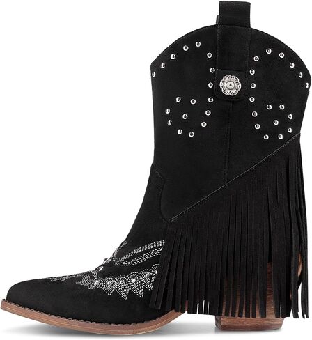 LOCERICH Cowboy Boots for Women, Cowgirl Shoes with Tassel Cowgirl Boots with Fringe Pointed Toe Western Chunky Heel in Saudi Arabia