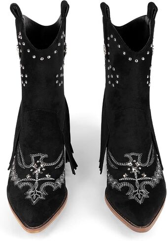 LOCERICH Cowboy Boots for Women, Cowgirl Shoes with Tassel Cowgirl Boots with Fringe Pointed Toe Western Chunky Heel in Saudi Arabia