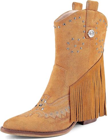 LOCERICH Cowboy Boots for Women, Cowgirl Shoes with Tassel Cowgirl Boots with Fringe Pointed Toe Western Chunky Heel in Kuwait
