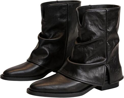 Women's Fold-Over Ankle Boots Wide Calf Trendy Slouchy Slip-On Boots Pointed Toe with Chunky Heel Soft Leather in Kuwait