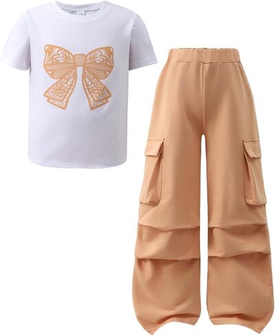 Little Girl Outfits Bow Print Short Sleeve T Shirt Elastic Waist Cargo Wide Leg Pants 2PCS Girls Clothing 7-13 Years in Kuwait