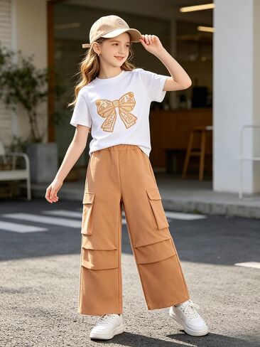 Little Girl Outfits Bow Print Short Sleeve T Shirt Elastic Waist Cargo Wide Leg Pants 2PCS Girls Clothing 7-13 Years in Kuwait